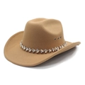 Khaki western cowboy hat with rhinestone band and metal eyelets on white background - M (56-58cm) / Camel