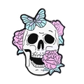 Broche de esmalte con calavera, rosas rosas y mariposa azul de estilo gótico - Mariposa flor calavera