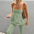 Casual two-piece set for women featuring green strapless tube top and matching trousers - M / Green