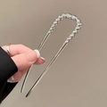 Épingle à cheveux élégante en forme de U en métal argenté avec texture en spirale - Pic à cheveux en U torsadé argenté avec perles