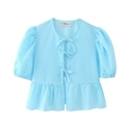 Detail of light blue checkered blouse with puff sleeves and decorative bow ties - Light Blue Plaid