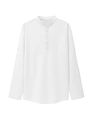 Nahaufnahme des weißen Waffel-Henley-Shirts mit Drei-Knopf-Leiste und Kragendetails - S / Weiß