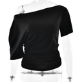 Sexy schwarzes Damen-T-Shirt mit einer Schulter, schmaler Passform und gerafften Details - S / Schwarz