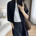 Women's black wool blend knit striped cardigan shawl styled with a white tee - Black