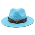 Close-up of blue straw cowboy hat with brown leather band and metal bull head emblem - Lake Blue