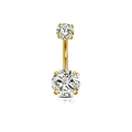 Golden belly button ring featuring double clear cubic zirconia stones on white background - Round Rhinestone Style / Gold