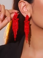 Sparkly red rhinestone long tassel earrings for women with elegant crystal drops - Red Full Rhinestone Beaded Tassel