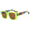 Retro square sunglasses featuring neon green transparent frames and colorful marble temples - Transparent Green Frame Marble Temples Tea Lenses