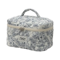 Quilted floral makeup bag in white with blue botanical patterns and a top handle - 25*16*13cm / Dark Blue Flowers / [product Attributes] A Quilted Cosmetic Bag White With Blue Floral Print. It Features A Top Handle And A Zipper Closure. A Label With The Brand Name Is Sewn On The Front. [visual Presentation] The Image Is A Professional Still-life Photograph With A Pure White Background Natural Lighting And High Clarity Showcasing The Overall Appearance And Material Details Of The Product. Image Quality Is [high] Due To Its Sharpness And Accurate Exposure. Aesthetic Appeal Is [high] Due To Its Professional Composition And Harmonious Colors. [text Content] The Label On The Front Of The Cosmetic Bag Is Printed With The Words "kingkiss" And "beauty For All All For Beauty". [review Conclusion] Passed. The Product Is Clearly Visible The Image Quality Is High And The Text Is The Product's Own Label Which Can Be Used Directly. [logistics Label] None. [infringement Risk] None Probability [0.0] No Known High-risk Brands Or Infringing Elements Were Identified. [product Parameters] No Specific Parameter Information Was Identified.