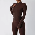 Slim fit chocolate brown two-piece yoga set with full zip long sleeve top and leggings - S / Dark Brown