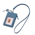 Blue lychee leather badge holder with transparent ID window and retractable silver lanyard - Denim Blue