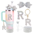 Glitter letter R accessories with gradient cup and diamond straw covers set - Style 13 (Letter R)