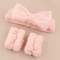 Soft pink coral fleece skincare set including bow headband and elastic wristbands - Korean Pink 3-piece Set (the Wrists Have 3 Hand-stitched Seams)