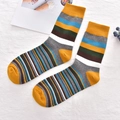 Classic cotton crew socks featuring yellow and blue stripes on a white fabric background - 38-45 / Yellow Multicolor