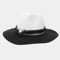 Straw Panama hat with bull head ornament and ethnic band in black and white contrast - White with Black Brim