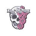 Skull and pink daisy enamel pin with Never Trust the Living text on white ribbon - Flower Skull - NEVER TRUST THE LIVING