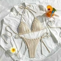 Chic cream ribbed tie-side bikini set with braided edges for a stylish beach vacation - S / Off White