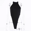 Black ribbed knit sleeveless bodysuit with halter neck and high-cut leg on mannequin - S / Black