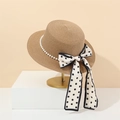 Elegante sombrero de paja francés con cadena de perlas y lazo de lunares negros - M(56-58cm) / Caqui