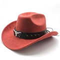 Detail of red-brown suede cowboy hat with metallic bull head and rivet decoration - M (56-58cm) / Brick Red (Suede)