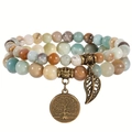 Three-layer bohemian beaded bracelet set with Tree of Life and leaf metal charms - Amazonite