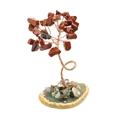 Artisan gemstone tree with brown crystal leaves and copper wire on agate slice base - Red Jasper