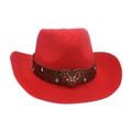 Red breathable straw cowboy sun hat for women featuring a heart buckle ethnic band - Red