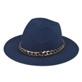 Detail of the navy blue fedora straw hat with a thick gold link chain decoration - Adult 57-60cm / Navy Blue