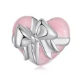 Charm cœur en argent 925 avec émail rose scintillant et nœud argenté pour bracelets - Coeur Rose Nœud