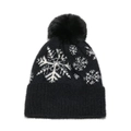 Berretto invernale nero con fiocchi di neve bianchi e pompon in finta pelliccia - M (56-58cm) / Nero