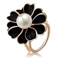 Elegant gold ring featuring a black flower design and a white pearl center - Gold Frame Black Flower Pearl Ring (CGXD0291-1)