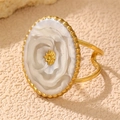 Adjustable vintage gold ring featuring a white rose relief and double-line open band - White Relief Rose (RS0022baise)