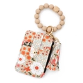 Floral print silicone bead keychain wallet with tassel and wood bead wristlet charm - Khaki
