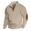 Detail of men's beige ribbed sweater showing the stand collar and buttoned placket - Khaki