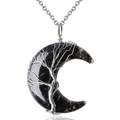 Silver Tree of Life crescent moon pendant with dark spotted stone on stainless steel chain - Black Obsidian Necklace-Silver Chain