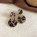 Close-up of leopard print round earrings with gold metal frames on stone surface - 32# Silver Needle-Coffee-Hollow Hoop