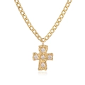 Macro shot of gold cross pendant with lava texture and oval white zircon stones - Gold Hammered Cross Necklace