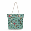 Nurse themed canvas tote bag with thick rope handles and colorful medical icons print - Mint Green Medical Equipment Repeat Style (ms4552)