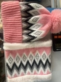 Pink wave pattern knitted hat and neck warmer set with faux fur lining and pom pom - One Size / Hat and Scarf Set - Bright Pink