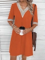 Orange V-neck dress with white lace trim and short sleeves in a loose casual style - S / Bottoms / Orange Red