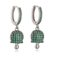 Detail of silver bell earrings with micro-paved green crystals and hanging metal sphere - Platinum Green Zirconia