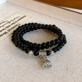 Dreilagiges schwarzes Perlenarmband mit silbernem Glücksbeutel-Anhänger - Glücksbeutel Achat Mehrlagiges Armband