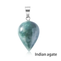 Green waterdrop shaped Indian agate gemstone pendant with a silver clasp on white background - India Agate