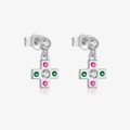 S925 sterling silver cross earrings with colorful zircon stones in a silver finish - 925 Silver / Cross Pink Green Style (MME1114-1)