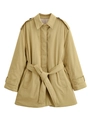 Close-up of khaki mid-length trench coat detailing belted waist and classic epaulettes - XS / Khaki