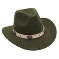 Detail of olive green felt cowboy hat with white band and vintage engraved buckle - Army Green Cowboy (Cream Belt)