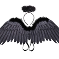 Black feathered angel wings set with matching halo headband for Halloween cosplay costumes - Black Zirconia Set