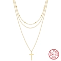 Three-layer 925 sterling silver cross necklace with gold finish and bead accents - 14K Gold