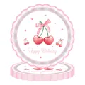 Detail van kers- en strikpatroon op Happy Birthday papieren feestbordjes - Groot Geschulpt Papieren Bord
