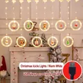 Warm white USB Christmas curtain lights with Santa and snowman figurines in glowing rings - Christmas Combo - USB Style (Steady + Auto Flash)